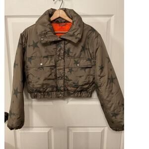 Joujou Cropped Olive Green Stars Orange Lining Puffer Coat Jacket, M